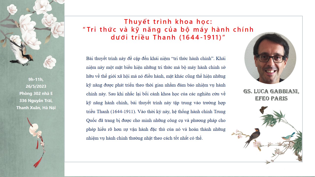 Thông báo về buổi thuyết trình khoa học của GS. Luca Gabbiani (EFEO Paris) tại trường Đại học Khoa học Xã hội và Nhân văn